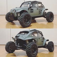 two pictures of an off - road vehicle with four wheels