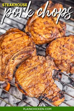 steakhouse pork chops on the grill with text overlay that reads steakhouse pork chops