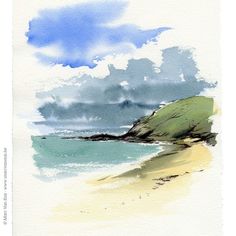 a watercolor painting of a beach with blue sky and clouds