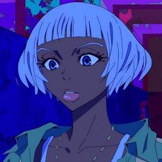 an anime character with white hair and blue eyes looks at the camera while standing in front of a purple background