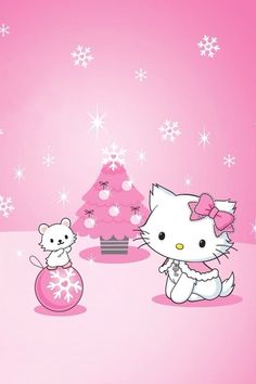 a hello kitty wallpaper with a christmas tree and a teddy bear sitting next to it