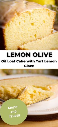 lemon olive oil cake with tart lemon glaze is on a white plate and has a slice cut from it