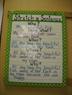 a bulletin board with writing on it that says, stretch a sentence when? why?