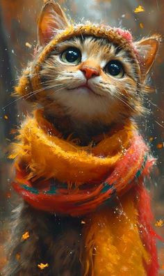 a painting of a cat wearing a scarf