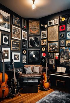 a living room filled with lots of pictures and guitars