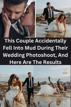 wedding photoshopped with the caption'this couple accidentally fell into mud during their wedding photoshoot, and here are the results