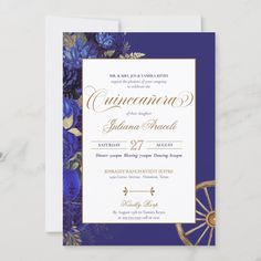 an elegant blue and gold wedding card with flowers on the front, featuring a wheel