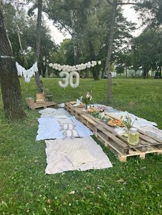 an outdoor picnic is set up in the grass with food and drinks on wooden pallets