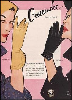 an advertisement for crescende shows two women wearing gloves and one is touching her face