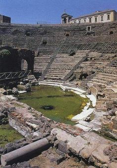 the ruins of an ancient roman amphith with water in it's pool