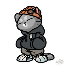 a drawing of a cat wearing a hat and jacket with his hands in the pockets