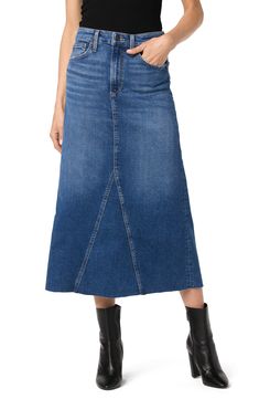 Every smart wardrobe needs this versatile denim skirt that takes you from desk to dinner with ease. 32" length Zip fly with button closure Five-pocket style 80% cotton, 18% recycled polyester, 2% elastane Machine wash, tumble dry Imported Mid-rise Denim Skirt With Frayed Hem, Mid-rise Relaxed Denim Skirt With Frayed Hem, Blue Non-stretch Mid-rise Denim Skirt, Mid-rise Dark Wash Denim Skirt With Frayed Hem, Knee-length Denim Skirt With Frayed Hem, Medium Wash, Rain Dress, Athletic Sweatpants, Knit Swimwear, Wedges Style