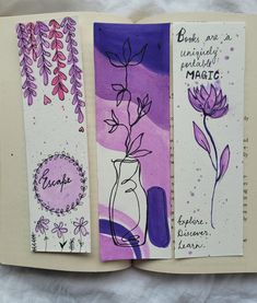 three bookmarks with flowers in vases and words written on them, one is purple