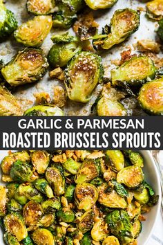 garlic and parmesan roasted brussel sprouts in a white bowl