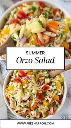 two pictures showing different types of salads with the words summer orzo salad above them