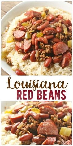 two pictures showing different types of beans and rice with the words, louisiana red beans