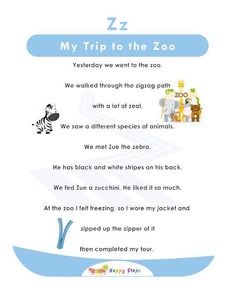 an animal poem is shown in blue and white with the words, my trip to the zoo