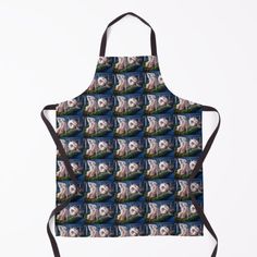 an apron with a photo of a white dog on the front and back, all over it