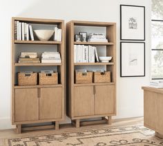 two bookshelves with baskets on each shelf