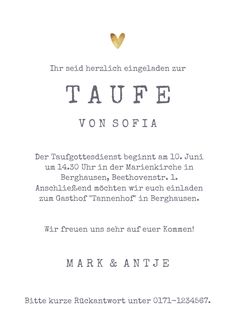 a white and gold wedding card with the words taufe von sofia on it