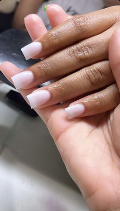 Short Square Acrylic Nails White French Tips, Bubble Bath With White Tip Nails, Simple White French Tip Nails Square, Bubble Bath On Natural Nails, Short French Tip Acrylic Nails Thick White, Blush Pink Nails, Glamorous Nails