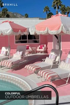 some lawn chairs and umbrellas near a pool