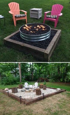 an outdoor fire pit with chairs around it