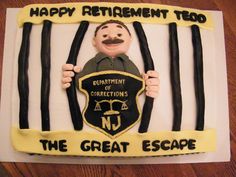 a cake that has been made to look like a jail cell with the words happy retirement ted on it