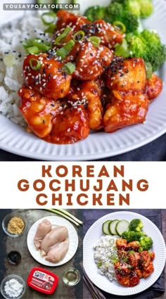 korean chicken with rice, cucumber and broccoli on the side is shown