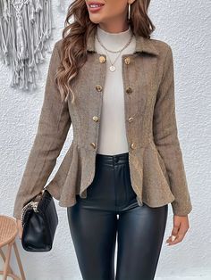 Black Leather Pants, Slim Fit Blazers, A Jacket, Peplum Hem, Turndown Collar, Fitted Blazer, Outfit Casual, Office Ladies, Blazer Coat