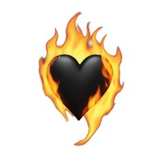 a black heart with flames on it in the shape of a fireball, isolated against a white background