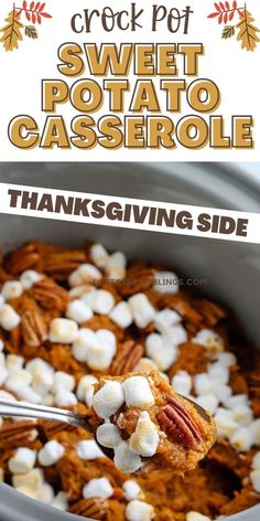 Crock Pot Sweet Potato Casserole  for Thanksgiving Pinterest pin. Easy Crockpot Sweet Potato Casserole, Sweet Potato Suffle, Crock Pot Sweet Potato Casserole, Canned Sweet Potato Casserole, Canned Sweet Potato Recipes, Sweet Potato Marshmallow Casserole, Sweet Potato Casserole Crock Pot, Sweet Potato Casserole With Marshmallows, Crock Pot Sweet Potatoes