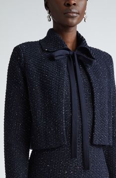 An elegant topper for practically any look, this tie-front jacket is crafted of sequin-embellished tweed and finished at the cuffs with feathery fringe. 16" length (size X-Small) Ties at front Spread collar Unlined 91% cotton, 9% polyamide Dry clean Made in Italy Designer Clothing Tweed Work Outfit, Tweed Outfit Women, Elegant Street Style, Tweed Outfits, Tweed Jacket Outfit, Blue Tweed Jacket, Tweed Fashion, Herringbone Tweed Jacket, What Not To Wear