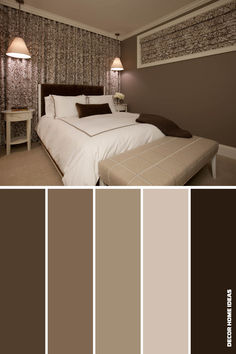 a bedroom with brown and white walls, carpeted flooring and bed in the middle