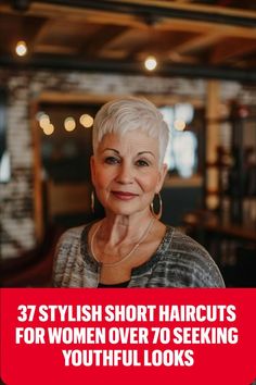 Woman over 70 with a chic platinum pixie haircut, radiating youthfulness and style Stylish Short Haircuts For Women, Platinum Pixie