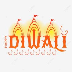 happy diwali day with three towers and the sun in the background, illustration, font