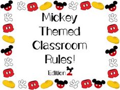 mickey themed classroom rules with red, yellow and black mickey mouse heads in the middle