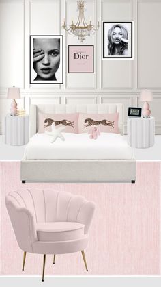 a bedroom with pink and white decor, chandelier and pictures on the wall