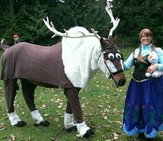 a woman standing next to a horse with antlers on it's head and wearing a costume