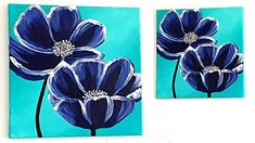 two blue flowers painted on canvases in front of a white wall, one is purple and the other is teal