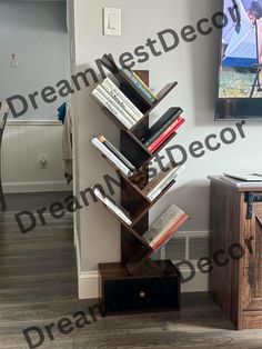 a bookshelf in the corner of a living room