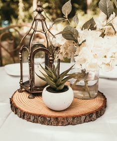 an arrangement of flowers and plants in vases on a wooden slice at a wedding reception