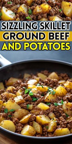 a skillet filled with ground beef and potatoes