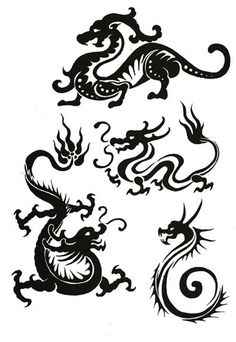 four dragon tattoos are shown in black and white