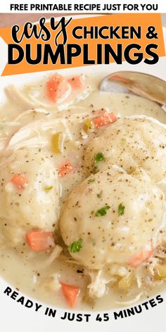 chicken and dumplings in a white bowl with text overlay that reads, free printable recipe just for you