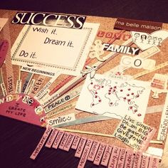 a bulletin board with words and stickers on it that read success wish it dream it do it