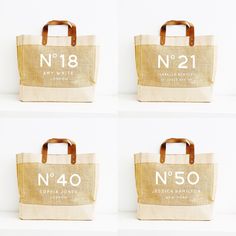 four bags with numbers on them sitting side by side