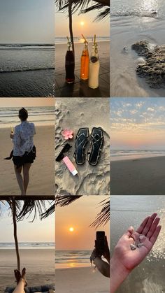 a collage of photos showing the beach and sand