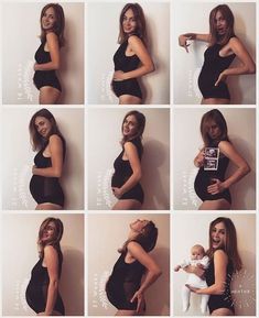 the woman is posing for pictures with her baby