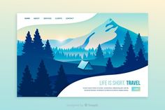 a web page for a travel company with mountains, trees and a tent in the background